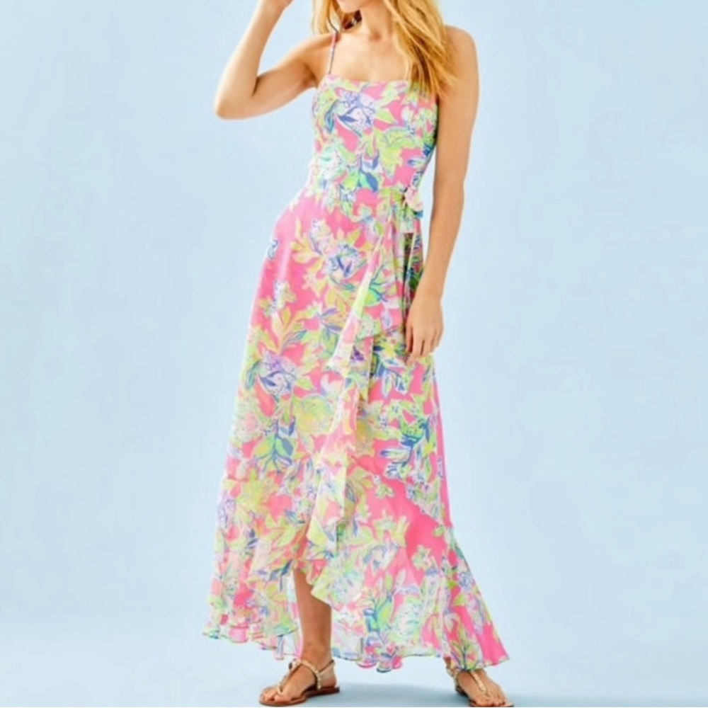 LILLY PULITZER Bright Pink Floral Wrap Ruffle Maxi Dress Spaghetti Strap US 6